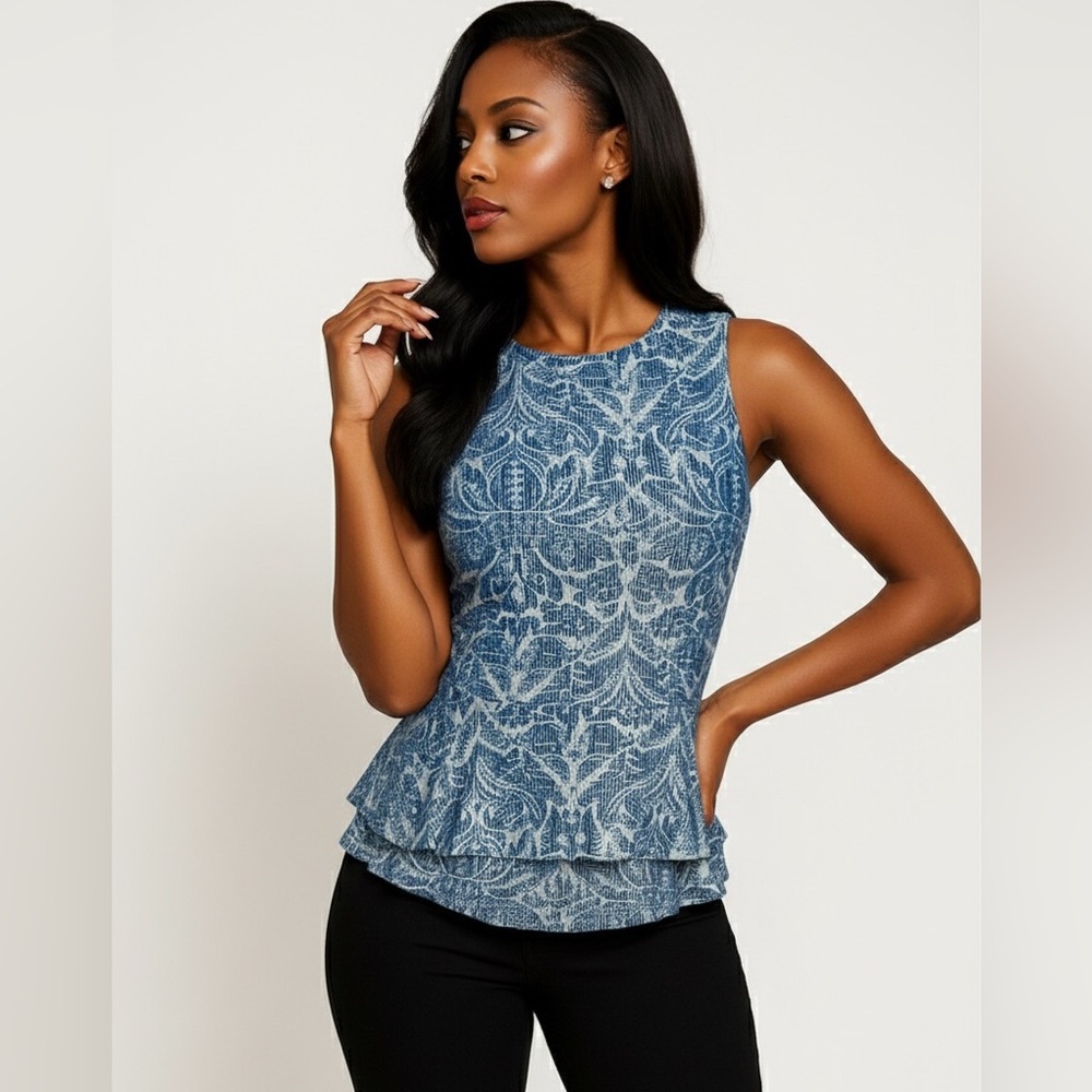 MICHAEL Michael KORS NWT Navy&Blue Damask Metallic Top Sleeveless Peplum Size M